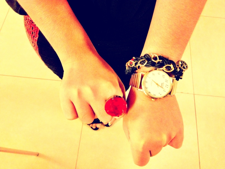 Gold watch, Red Ring and back +Gold Bracelet